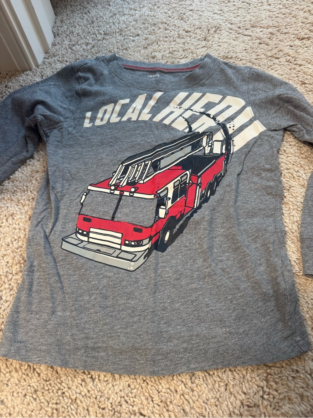 Carter's Grey Long-Sleeve Tee with Red Fire Truck Graphic